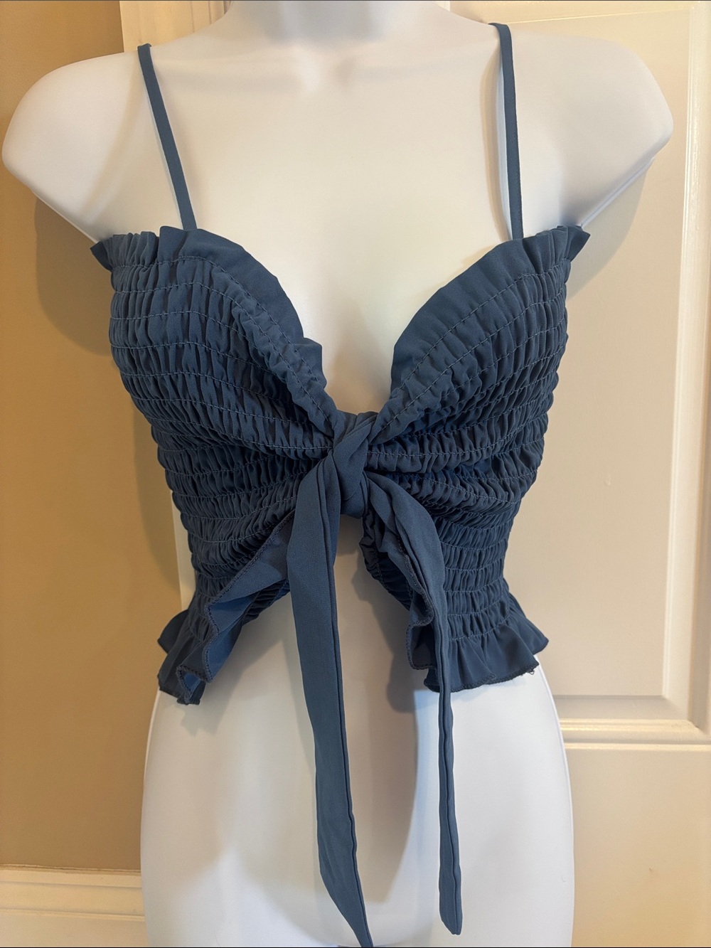 BiBi Smocked Navy Spaghetti Strap Crop Top with Ruffle Hem